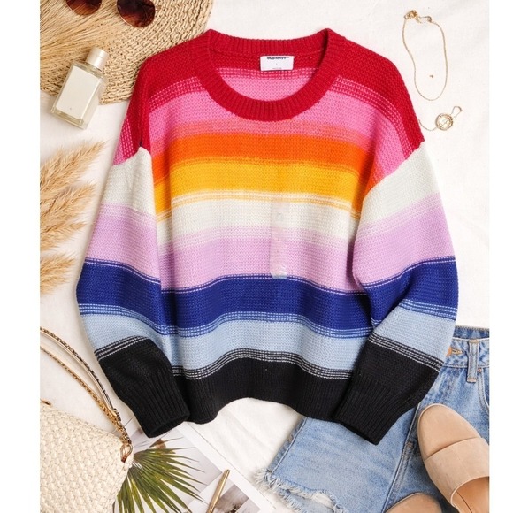 Old Navy Sweaters - Old Navy Womens Rainbow Striped Crewneck Sweater Multi Color Knit Large L New